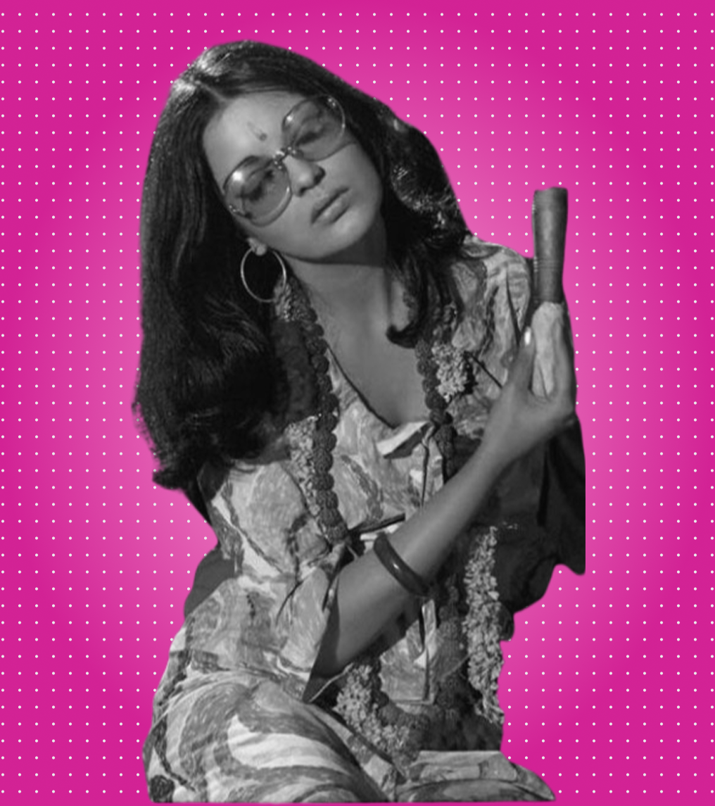 Woman with glasses in retro style against pink polka dot background