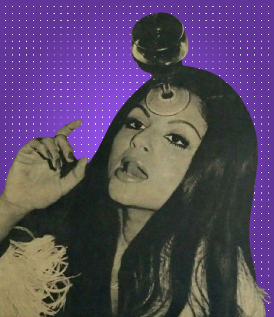 Retro woman making peace sign with purple dotted background